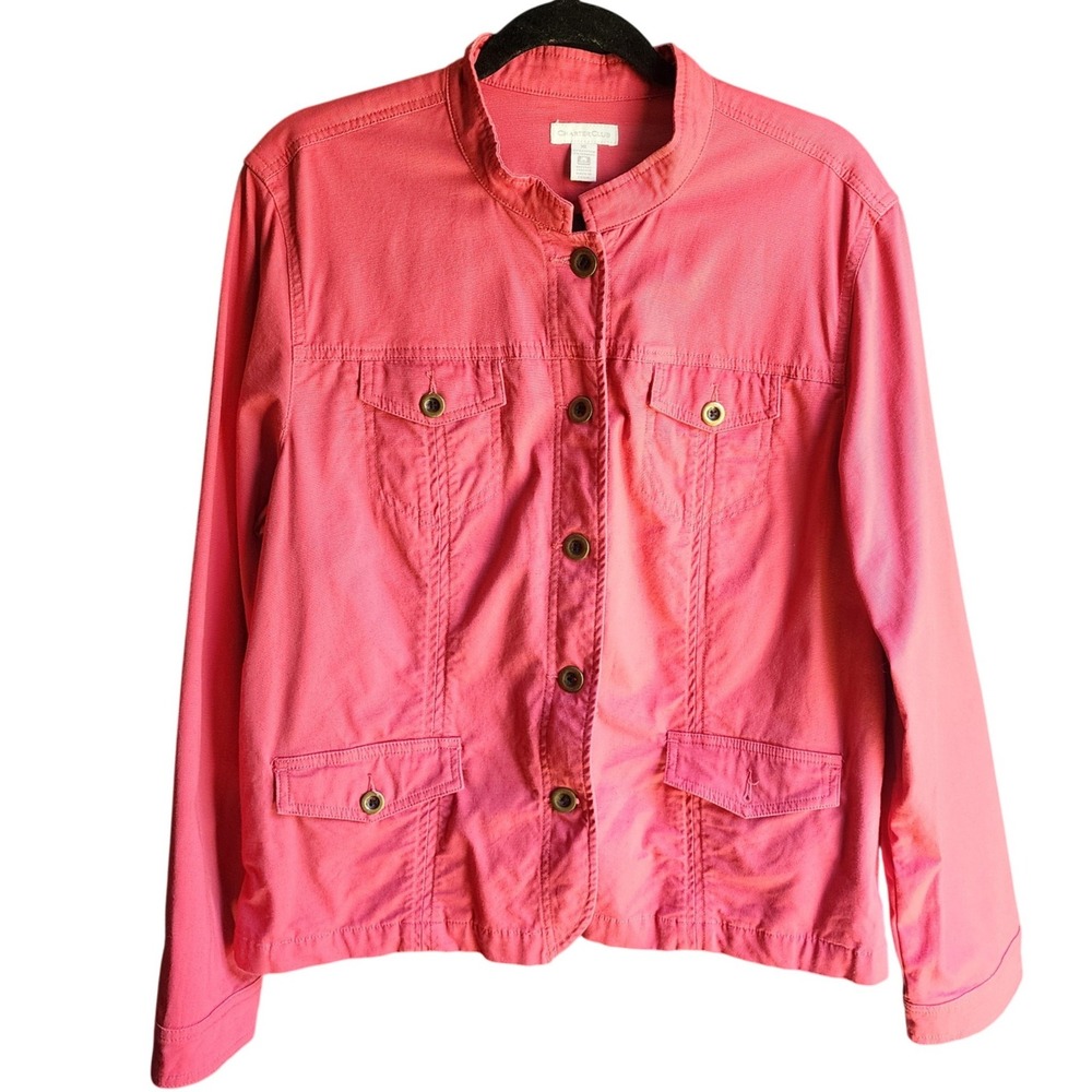 Charter Club Safari Jacket Red Button Front Mandarin Collar‎ Cotton Blend XL